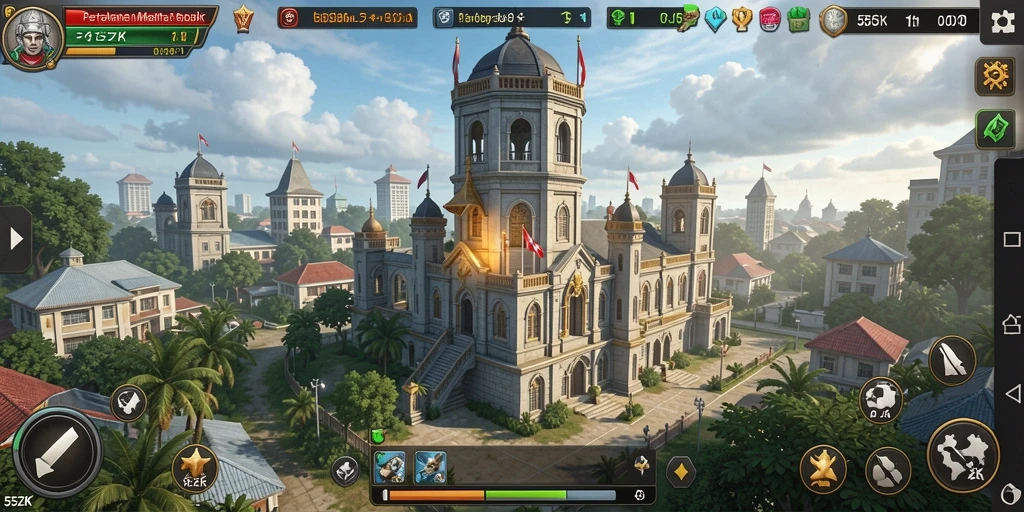 Screenshot gameplay 555ZK menampilkan aksi menara pertahanan yang intens.