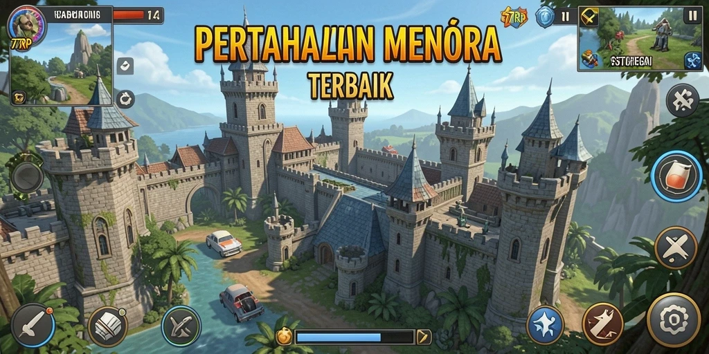 Screenshot utama gameplay Tower Defense 77RP dengan menara dan musuh.