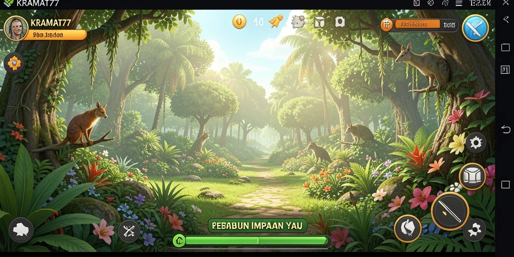Tampilan gameplay KRAMAT77 dengan kebun yang asri dan hewan-hewan lucu.